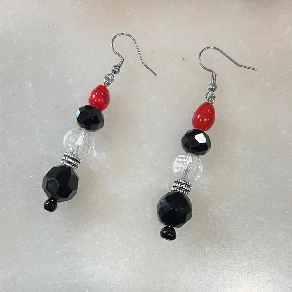 Chic Black and Red Beaded Earrings
